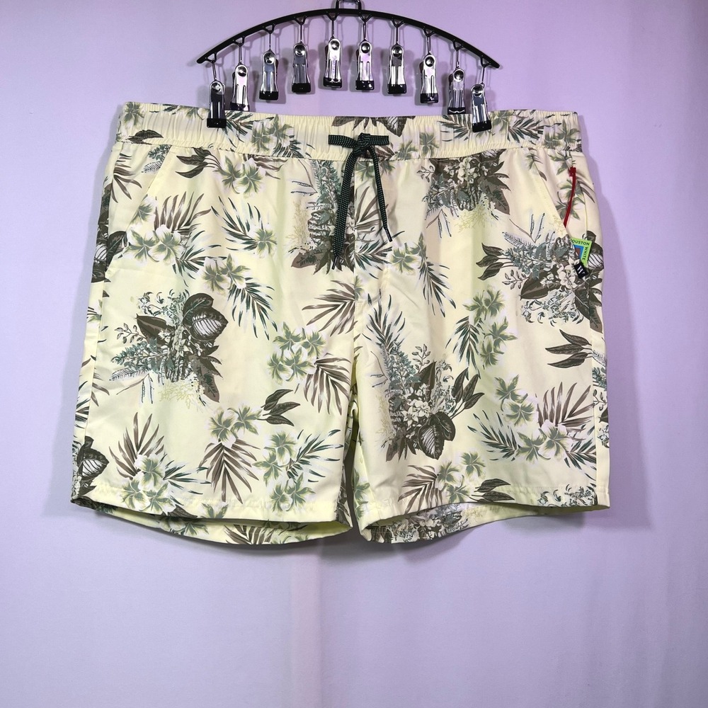Houston White Mens XXL Tropical Floral Swim Trunks Yellow Green Mesh Lined NWT